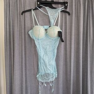 NWT Carrie Amber Intimates Large 2pc Blue Lace Bustier + Thong Babydoll Boudoir